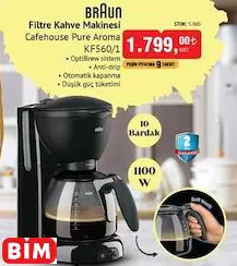 BRAUN FİLTRE KAHVE MAKİNESİ CAFEHOUSE PURE AROMA KF560/1